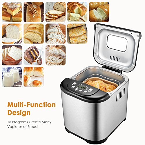 Aicok Brotbackautomat, 2.2LB Programmierbare Brotbackmaschine Edelstahlgehäuse mit 15-Stunden-Verzögerungs-Timer, 15 Programmen – Glutenfreie Vollweizen-Brotbackmaschine - 2