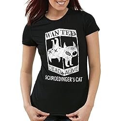 CottonCloud Gato de Schrödinger Wanted Camiseta para mujer T-Shirt sheldon, Color:Nero;Talla:S