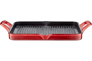 LA CUISINE FOR LIFE La Cuisine 29x26 cm Enameled Cast Iron Grill Pan - Matte Black Enamel Interior, 2-Tone Red Porcelain Enamel