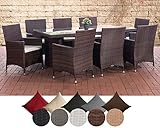 Die Sitzgruppe ist in vielen verschiedenen Varianten erhältlich. Wählen Sie aus bis zu 5 Rattan-Farben: schwarz, braun-meliert, grau, weiß oder sand und bis zu 5 Kissenfarben: anthrazit, cremeweiß, eisengrau, rubinrot oder terrabraun.