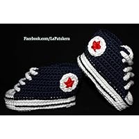 Babyschuhe häkeln, Unisex. Stil, Converse All Star. Farbe Marineblau, aus 100% Baumwolle, 4 Größen 0-12 Monate. handgefertigt in Spanien. Turnschuh gehäkelt gestrickt. Geschenk fürs Baby