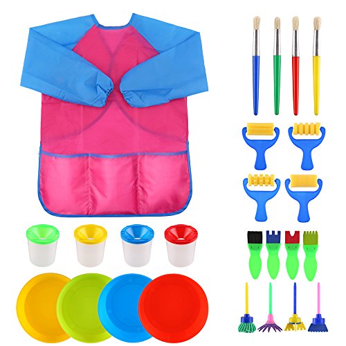 VEYLIN Kids Paintbrushes & Sponge Painting Supplies Brushes Paint Bowls Spill Proof Paint Pots with Apron (25 Pieces)