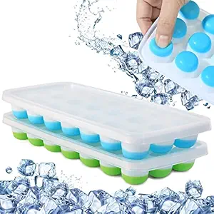 Bulfyss 2pc 21 Cavity Pop Up Ice Cube Trays with Lid for Freezer with Easy Release Flexible Silicone Bottom, Stackable, 100% BPA Free, Food Grade (Green/Blue)