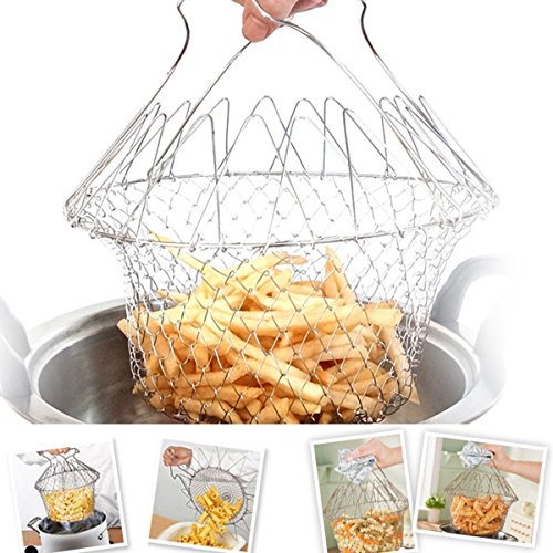csmarte Fry French Chef Basket, abtropfsieben & Lebensmittel Sieb faltbar Dampf Spülen Zugentlastung Magic Resteschale Edelstahl Net Korb für Home Küche Kochen