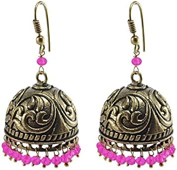 Bollywood Inspired Stylish Pink Crystal Jhumki-Tribal Chandelier Earrings by Silvestoo India Jewelry PG-102289