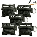 Pack of 5pcs CPR Mask Keychain Ring Emergency Kit Rescue Face Shields with One-way Valve Breathing Barrier for First Aid or AED Training, Adult and Infant, Easy to Carry (Black)