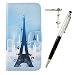 Produktbild Huawei P9 Schutzhülle Leder Hülle, Alfort 3 in 1 Flip Wallet Fashion Design Dual Use Falten Premium PU Leder Tasche Case Cover Flip Mappen Kasten Abdeckung für Huawei P9 5.2" Smartphone Funktion Unterstützte Telefone mit Eiffelturm ( Blau ) + Netter Staub Stecker + Kristall Stylus Stift