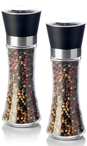 Pfeffermühle Salzmühle Gewürzmühle SET (2 STück) unbefüllt mit Keramik Mahlwerk - Echtglas Behälter (kein Acrylglas) - 200ml - Höhe 19cm - schwarz