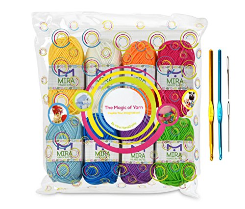 Premium-Garn Pack – 8x30g Acryl Regenbogen Farben Garnstränge – je 60 m lang – ausgezeichnet für kleine und Kinder Garnprojekte, Basteln, Stricken, Häkeln und vieles mehr – Gratis Geschenke – 2 Häkelnadeln , 2 Webnadeln – Qualitativ hochwertige Ware von MiraHandcrafts - 2
