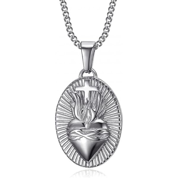 Pendentif Sacré-Coeur Du Christ Pour Homme - Acier Inoxydable Or - 32x24 Mm - Chaîne 55 Cm Incluse