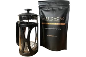 BARE CACAO FEEL GOOD NATURALLY Bare Cacao starter kit, New Organic Coffee Alternative Drink, Low Calorie, Caffeine Free Beverage, Suitable for Vegan and Diabetic, 225g. Includes single serve cafetiere.