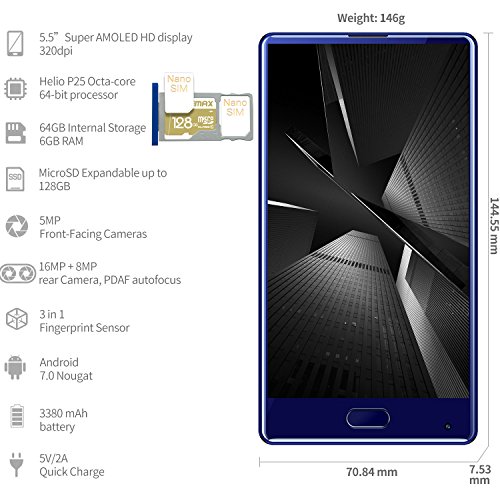 Cellulari in Offerta, DOOGEE MIX Smartphone Dual SIM - Android 7.0 MediaTek Helio P25 Octa-core Telefonia Mobile - 5.5 Pollici Bezel-less 4G Telefoni Cellulari - 6GB RAM+64GB ROM - 3380mAh 16.0MP-Blu