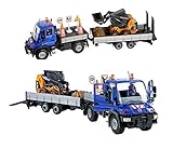 Mercedes Unimog mit Anhänger und Volvo Baufahrzeug (blauer Unimog, Volvo Baufahrzeug orange/schwarz)