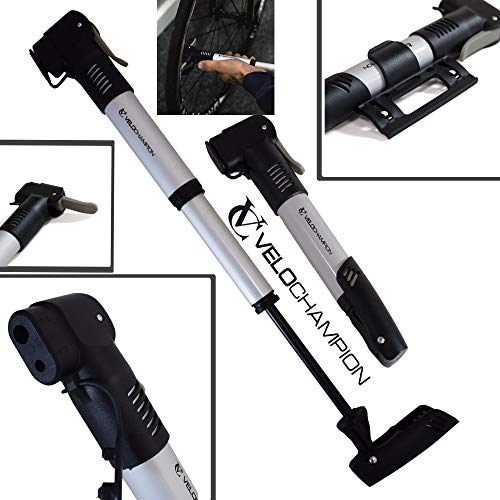 VeloChampion Pro Airblast Bomba de aleacion Negra/Plateada - Double Shot Bike Mini Pump