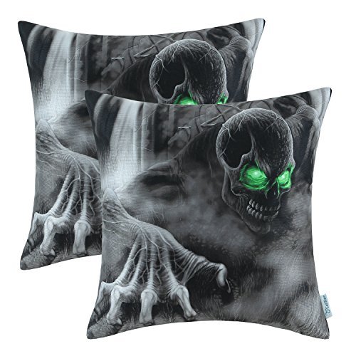 Euphoria CaliTime Home Dekorative Kissenhülle Kissen Hülle bequeme Fleece, Motiv Halloween-Totenkopf, 45 cm X 45 cm, Polyester-Mischgewebe, Green Eyes, 2pcs