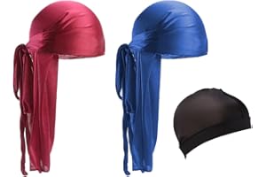 ‎QUESUC 2 Stücke Durag Men Silk Silky Durag Atmungsaktive Soft Elastische Wellenkappe Langen Schwanz Headwraps mit 1 Wellenkappe für Männer und Frauen,Wellen (Blau und rot)