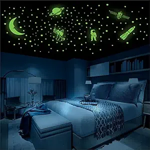 WallDaddy Vinyl Fluorescent Night Glow in The Dark Star Space Wall Sticker (Pack of 134 Stars Big and Small, Green, 12)