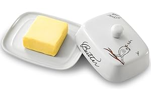 WW STYLE Beurrier avec poignée pour 250g de beurre, Céramique de haute qualité, Blanc avec motif d'oiseau chanteur, Porcelaine, Beurrier classique Cloche à beurre Récipient à beurre, Lavable au lave-vaisselle