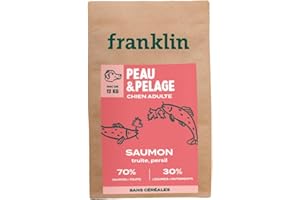 Franklin – Croquettes pour Chien – Gamme Protéinée – avec 70% de Saumon – Mono-protéine – sans Céréales – Peau et Pelage – Forme Triangle 11mm – 12 kg