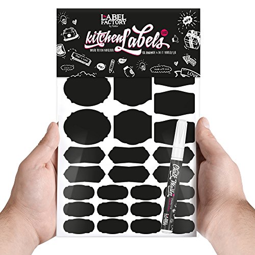 the LABEL FACTORY · 56 Kitchen Labels, schwarz & 1 Kreidemarker, weiß 1mm Präzisionsspitze / 4mm Keilspitze | flüssiger Kreidemarker | Küchen-Etiketten, Gewürz- & Tafel Aufkleber zum Beschriften - 5