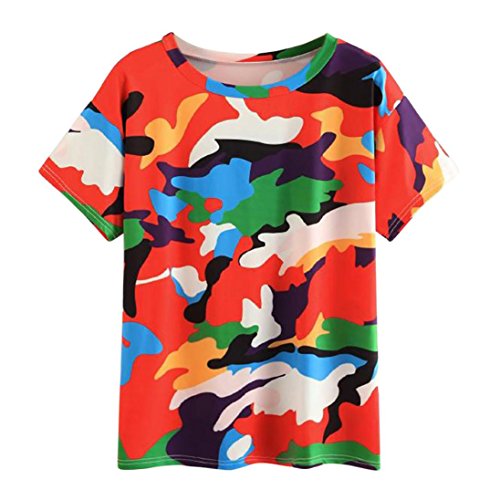 Anglewolf Women Casual Cami Tops Camouflage Printed Short Sleeve T-Shirts Lady Girl's Summer Bright Multicolor O-Neck Fashion Tees Loose Lightweight Shirts Blouses
