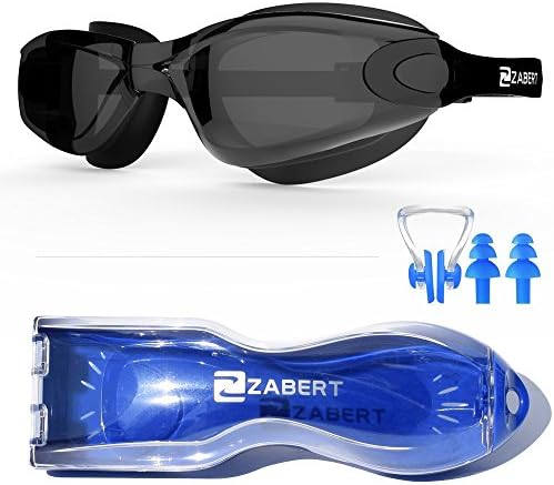 Mens Swimming Goggles,ZABERT Adult Ladies Womens Swim Goggles &amp; Youth Boys Age 10+ , Professional Anti Fog UV Large Big Comfortable No Leak - Open Water Outdoor Indoor Triathlon Competition Black Tinted - Free Case Nose Clip Ear Plugs