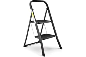 HBTower Escabeau 2 Marches Pliable – Petit Escabeau Fait en Acier Alliage, Marches Antidérapantes, Épaisseur Pliée 4,5 cm, Charge 150 kg, sans Montage – pour Cuisine, Garage & Bureau
