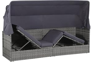 Hommdiy Garden Sofa with Sun Canopy, Sun Lounger, Garden Bench, Garden Bed, Sofa, Garden Furniture, Lounger, Sofa Bed, Poly Rattan, Grey