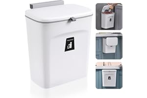 Accmuzzy Camping Trash Can Kitchen Compost Bin for Kitchen, 9L Hanging Bin with Lid for Camping Kitchen and Bathroom Worktop or Under the Sink (White)