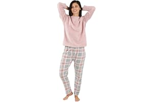 TRAMAS+ Pijama Mujer Invierno, Pijama Coral de Mujer, Conjunto de Camiseta de Manga Larga y Pantalón Largo con Cintura Ajustable Calentito, Conjunto para Mujer