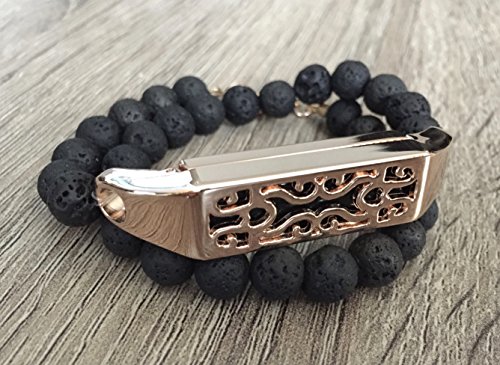 Preisvergleich Produktbild Schwarz doppelt gewickelt Lava Steine Armband für Fitbit Flex 2 Tracker handgefertigt natürlichen vulkanischen Perlen Band Rose Gold Metall Gehäuse Fitbit Flex 2 Accessory Jewelry Aromatherapie Armband 15,2 cm Größe