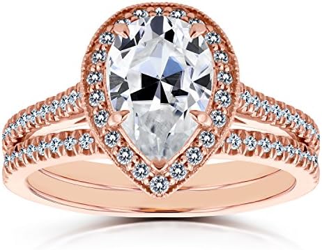 Pear Shape Moissanite and Diamond Halo Bridal Set 2 3/5 CTW in 14k Rose Gold