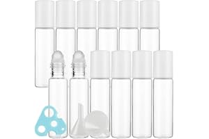 ZEOABSY 24 Piezas Botellas de Cristal vacío de Transparente con Bola de Cristal, Tapas de Bianco, 10 ml Roll-On Botellas, para aceites Esenciales aromaterapia Fragancia + 1x abrebotellas 2X embudos