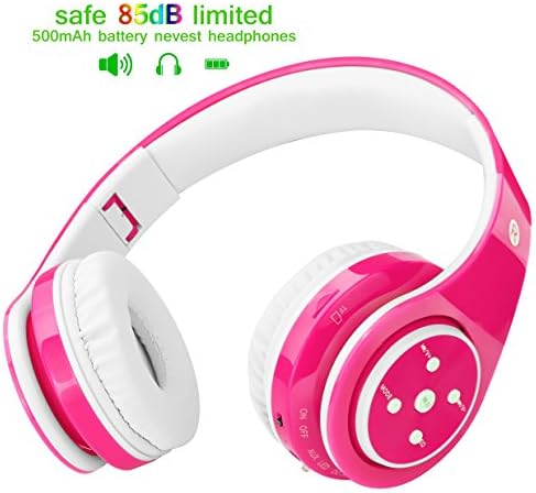 Wireless headphones for kids, 85db limited, 500mAh battery up to 6-8 hours play, Over-Ear and Build-in Mic Bluetooth headphones for boys girls, 3.5mm Audio Jack Cable for PC Tablet Cellphone(Pink)