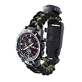 Outdoor Survival Uhren Militär Herrenuhren Arabische Ziffern Dekorative Sub-Dials Kompass Thermometer Paracord Seil Armband Handgewebt Armbanduhren für Herren, Army Grün-Schwarz