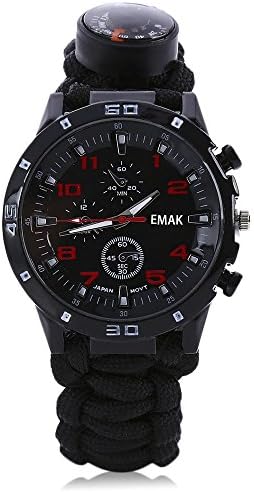 6 in 1 Outdoor Paracord Survival Watch Bracelet with Compass Flint Fire Starter Thermometer Whistle Perfect for Camping, Hunting, Hiking and Other Outdoor Activities (BLACK)