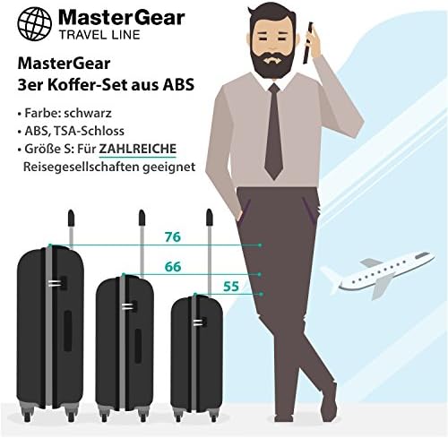 MasterGear Hand Luggage with ABS Hard Shell – Carry On Suitcase – Cabin Luggage with 4 Spinner Wheels (360 degrees) and Combination Padlock