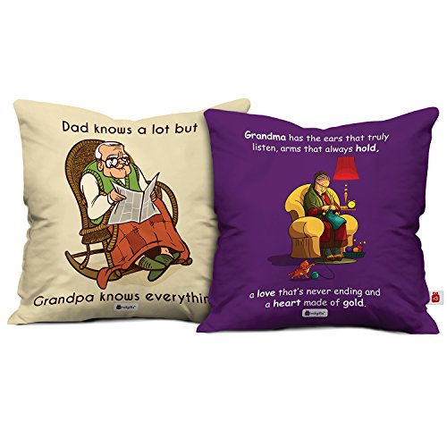 Indigifts Micro Satin Grandparents Cushion Cover with Filler (Multicolour and White,12x12-inches) Set of 2