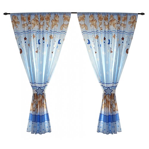 Kinderzimmer Vorhänge Gardinen 2er SET 155 x 155 cm Dekoschal mit Zierband und Stern, Farbe: Bärchen Blau, Größe: ca. 155x155 cm