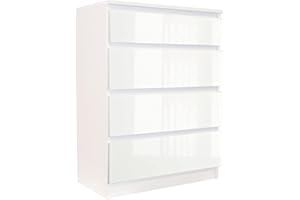 Home Collective Kommode weiß Hochglanz mit Vier Schubladen, Schlafzimmer Flur Nachttisch, Schrank, Sideboard, Highboard, Breite 60 cm Höhe 95cm