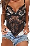 Miss chica's Women's Sexy Black/White Sheer Mesh Scalloped Lace Cupped Teddy Lingerie Bedroom Outfit (Small 6-8 UK, Black)