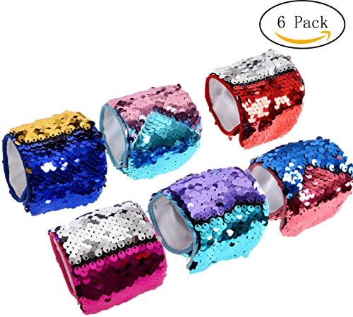 6 pcs Mermaid Sequins Bracelet Reversible 2 color Flip Decorative Magic Wristband For Girls - 2.5 inches Wide
