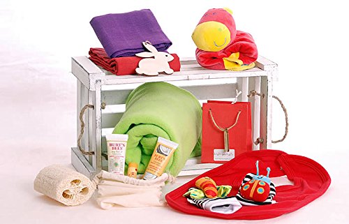 'Mummy & Me' - Extra Large Luxury New Baby Hamper Box FREE UK DELIVERY - Baby blanket - Dinky Dino 30cm baby comforter & rattle - Lamaze wrist rattles - Burts Bees gift for Mum - 100% Cotton Bib - 2 brightly coloured muslins - Wooden Bunny