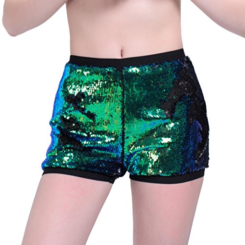 Damen Reversible Mermaid Fishscale Pailletten Shorts Von Xinan (XL, Grün)