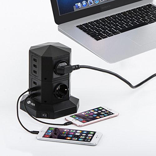 Steckdosenleiste Überspannungsschutz Kindersicherung 6 USB Anschlüsse Mehrfachsteckdose mit Schalter Stromsparend Blitzschutz 4-fach Steckdosentower 2500W 15A schwarze Steckdosenleiste 2M Kabellänge, großer Buchsenabstand. - 6