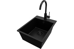PRIMAGRAN Evier Cuisine en Granit Tout Noir 38x50cm, Lavabo 1 bac + Robinet 32x20cm + Kit de Vidage, Évier à Encastrer al mueble 40cm - Riga S046