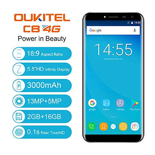 OUKITEL C8 4G Smartphone 18: 9 VerhÃ¤ltnis 5,5 Zoll HD Display, Android 7.0 Quad-Core 2GB RAM+16GB ROM RÃ¼ckfahrkamera 13MP+5MP Dual Kamera, 3000mAh Batterie Touch ID, Band 20 Dual SIM Ohne Vertrag