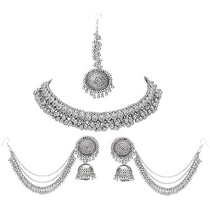 COSMO DUST Fashion Latest Oxidised Alloy Antique Design Stylish Traditional Necklace, Earring & Maang Tikka Jewellery Set for Women