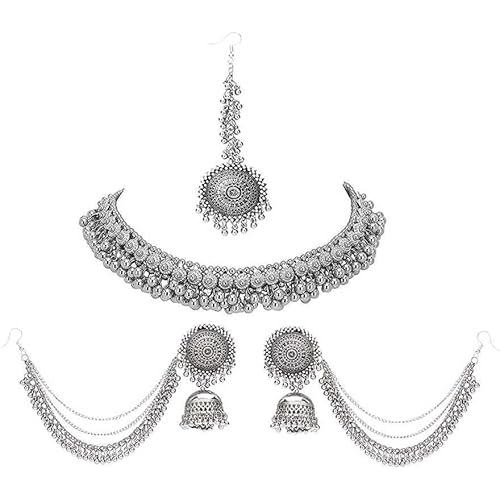 COSMO DUST Fashion Latest Oxidised Alloy Antique Design Stylish Traditional Necklace, Earring & Maang Tikka Jewellery Set for Women