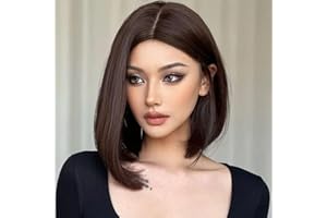 Creamily Peluca Marrón Oscura de 14 pulgadas hasta los hombros Bob corto de aspecto natural y liso de pelo medio sintético para mujeres blancas